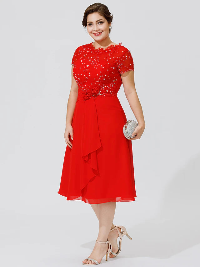 A-Linien-Kleid für die Brautmutter, elegant und luxuriös, schöner Rücken, Übergröße, Rundhalsausschnitt, knielang, Chiffon, Perlenspitze, kurze Ärmel, ohne Falten, Perlenbesatz, Blumen